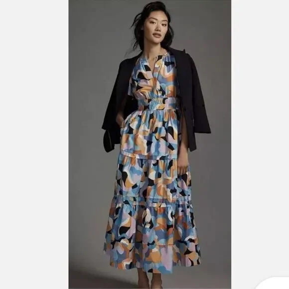 Anthropologie The Somerset Maxi Dress Blue Orange Fall Size Large - Picture 3 of 5